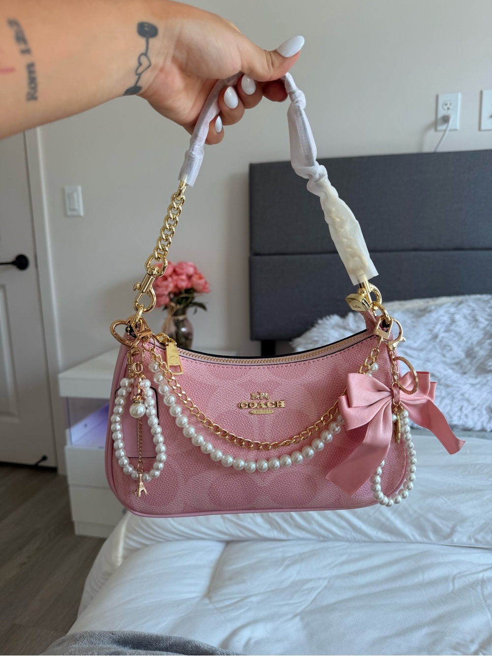 Coach Pink Pearl-Accented Shoulder Bag with Bow & Gold Chain